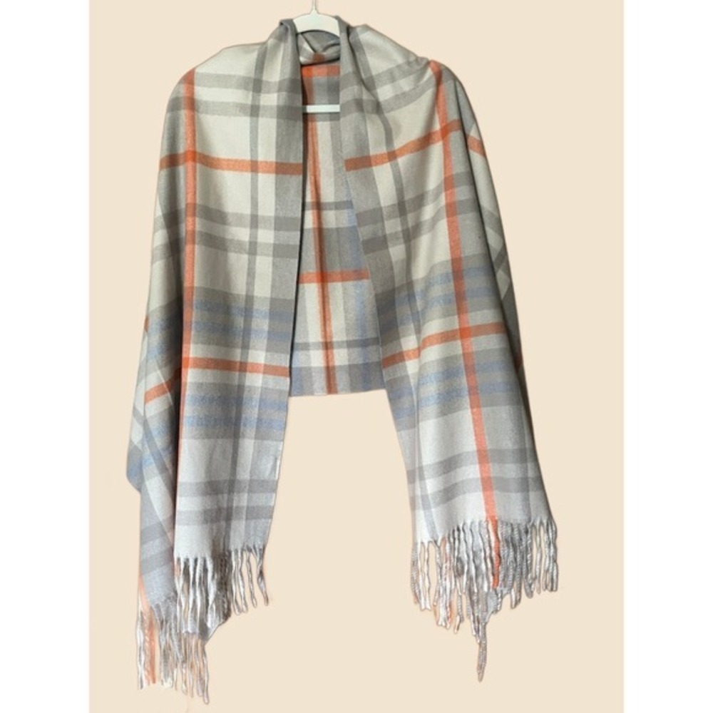 Pretty Persuasions Plaid Blanket Scarf Cream Taupe Blue Rust Fringe Classic